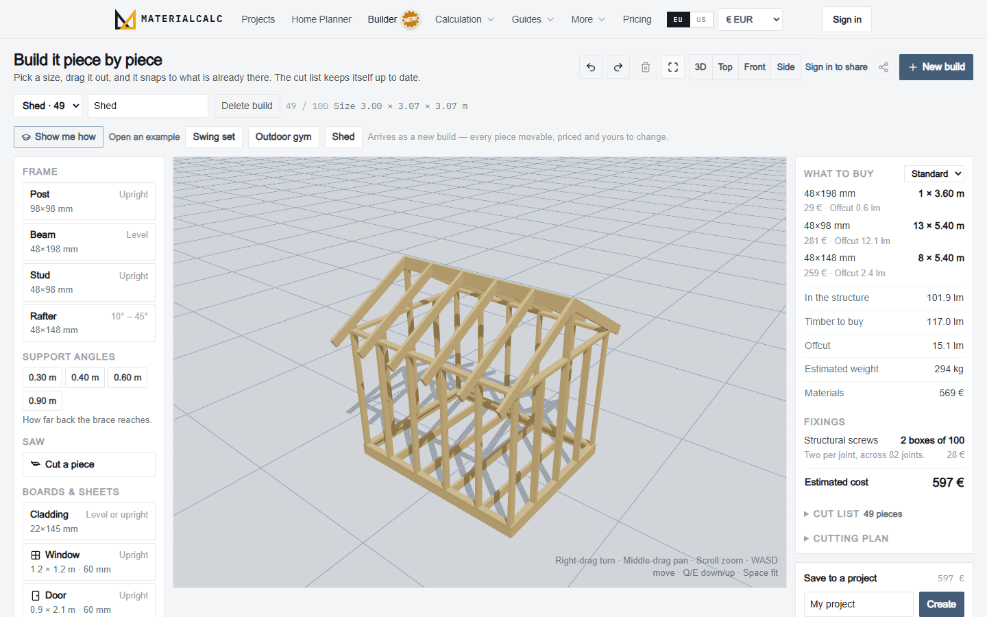 A timber frame sketched in 3D, with a piece palette on the left and a timber order on the right: 48×198, 48×98 and 48×148 mm sections, 101.9 linear metres in the structure, 117.0 to buy, 15.1 offcut, 294 kg, two boxes of structural screws, estimated cost 597 euro and a 49-piece cut list.