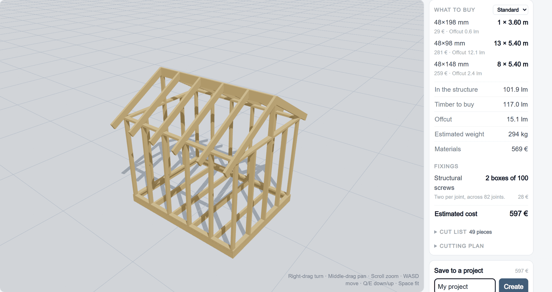 The builder with the shed example open: a timber frame in 3D beside a what-to-buy panel listing stock lengths, offcut, weight and cost.