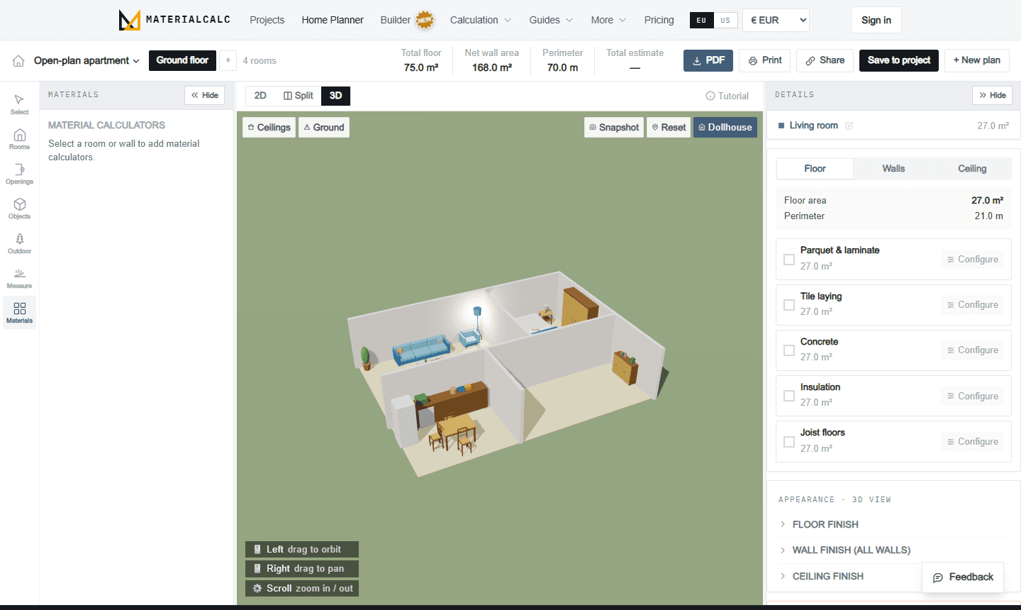 The same apartment shown in 3D, with walls, doors, windows and furniture in place.