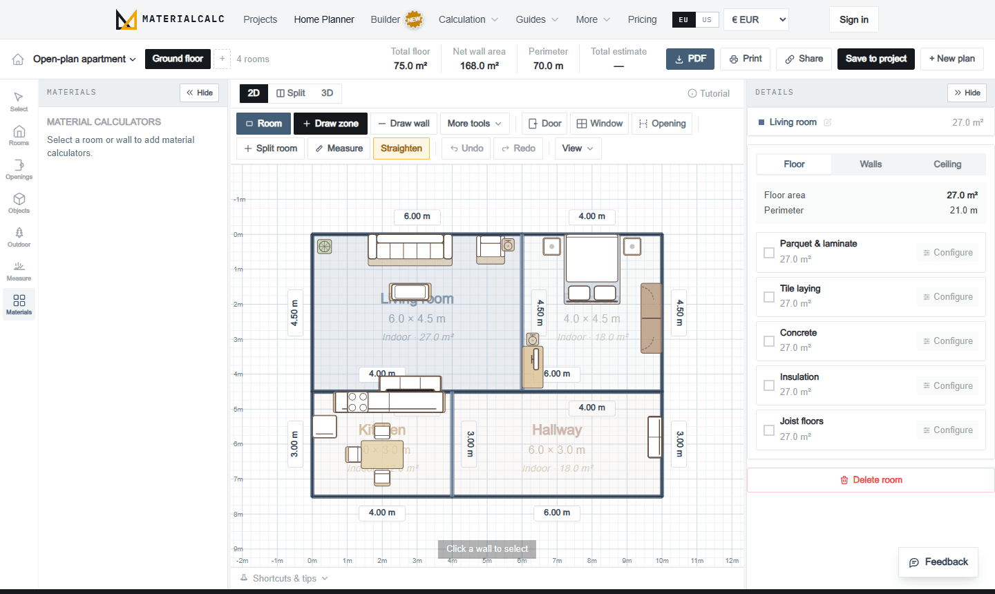 A room selected in the floor planner showing 27.0 square metres of floor area, with parquet, tile, concrete, insulation and joist floor options each already carrying that area.