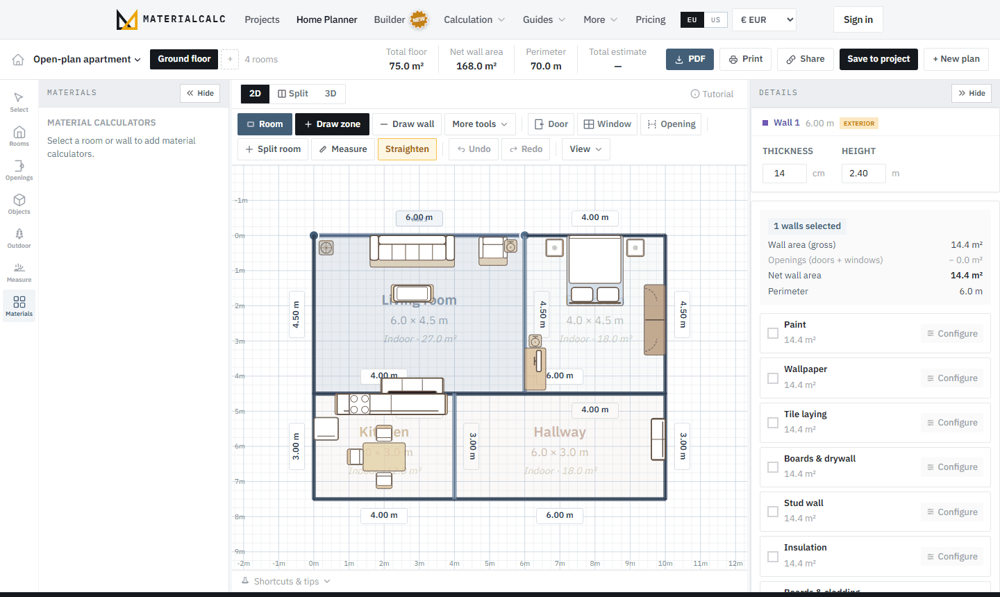 A single wall selected in the floor planner: 6.00 m long, exterior, 14 cm thick, 2.40 m high, with gross wall area 14.4 square metres, openings deducted, and paint, wallpaper, tile, drywall, stud wall and insulation each showing that wall's area.