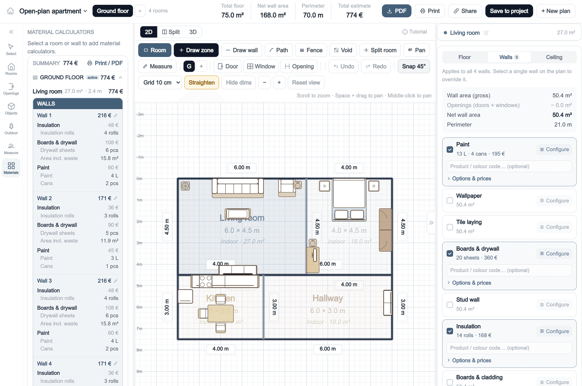 The planner with a room selected: the Walls tab shows net wall area and ticked materials, while the left panel breaks the cost down wall by wall.
