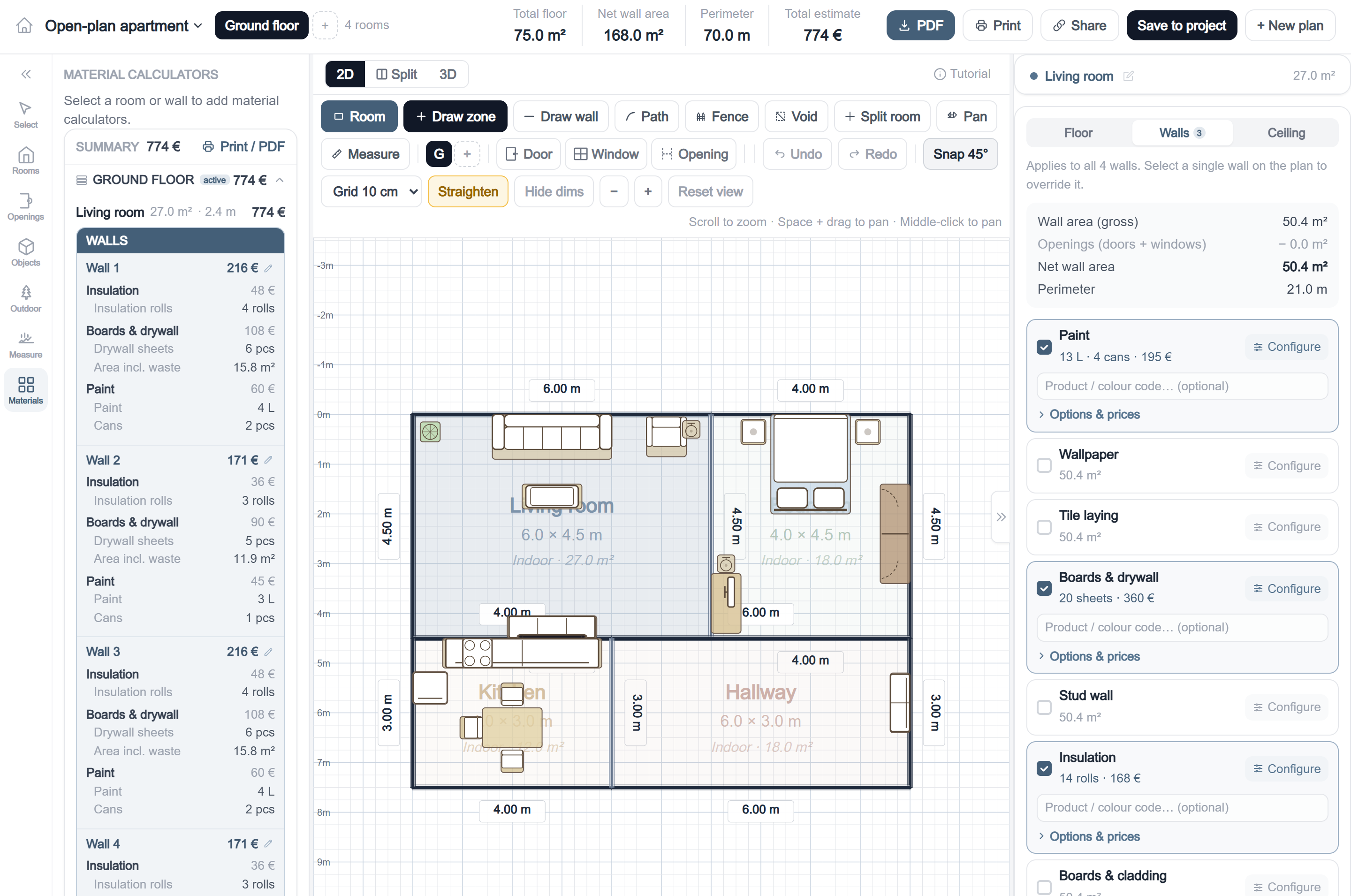The planner with a room selected: the Walls tab shows net wall area and ticked materials, while the left panel breaks the cost down wall by wall.